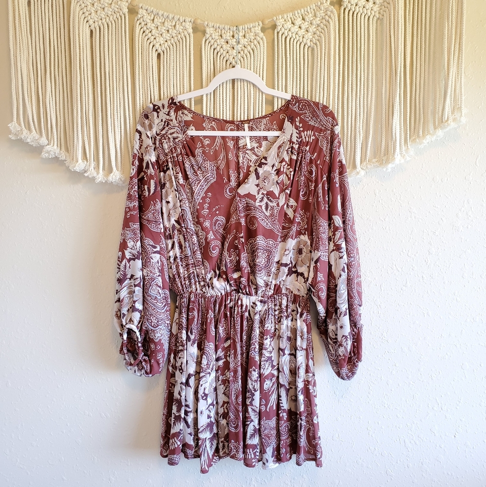 FREE PEOPLE Red Floral Patterned V Neck Mini Dress - Picture 3 of 8